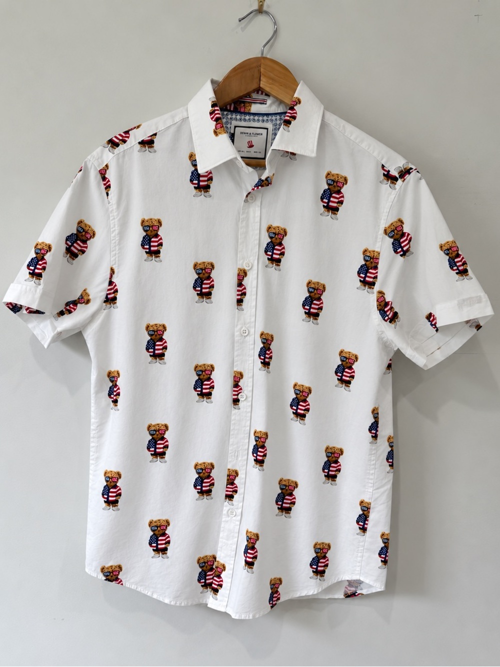 Denim & Flower White Short-Sleeve Button-Down with Teddy Bear Print